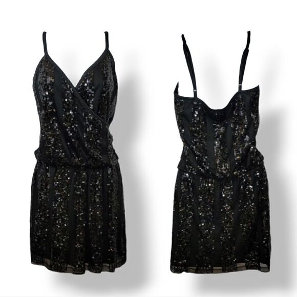 Express Sequined Embellished Striped Surplice Mini Dress in Black Size XS - Picture 1 of 13